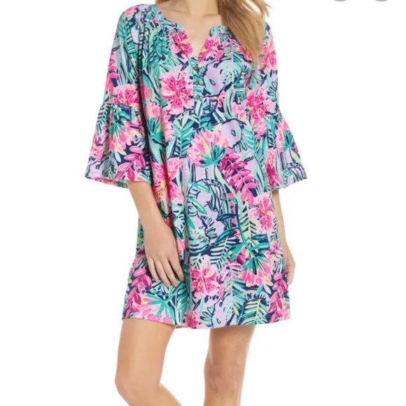 Lilly Pulitzer | Tropical Print Pima Cotton Bell Sleeve Floral Teigen Dress - Picture 1 of 13